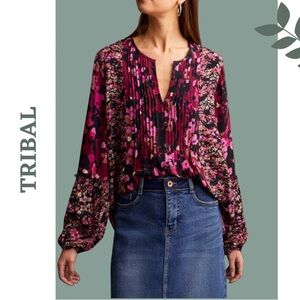 Tribal Flowy Blouse Floral Mixed Print Bob Pintuck Detail Purple Pink Size Small